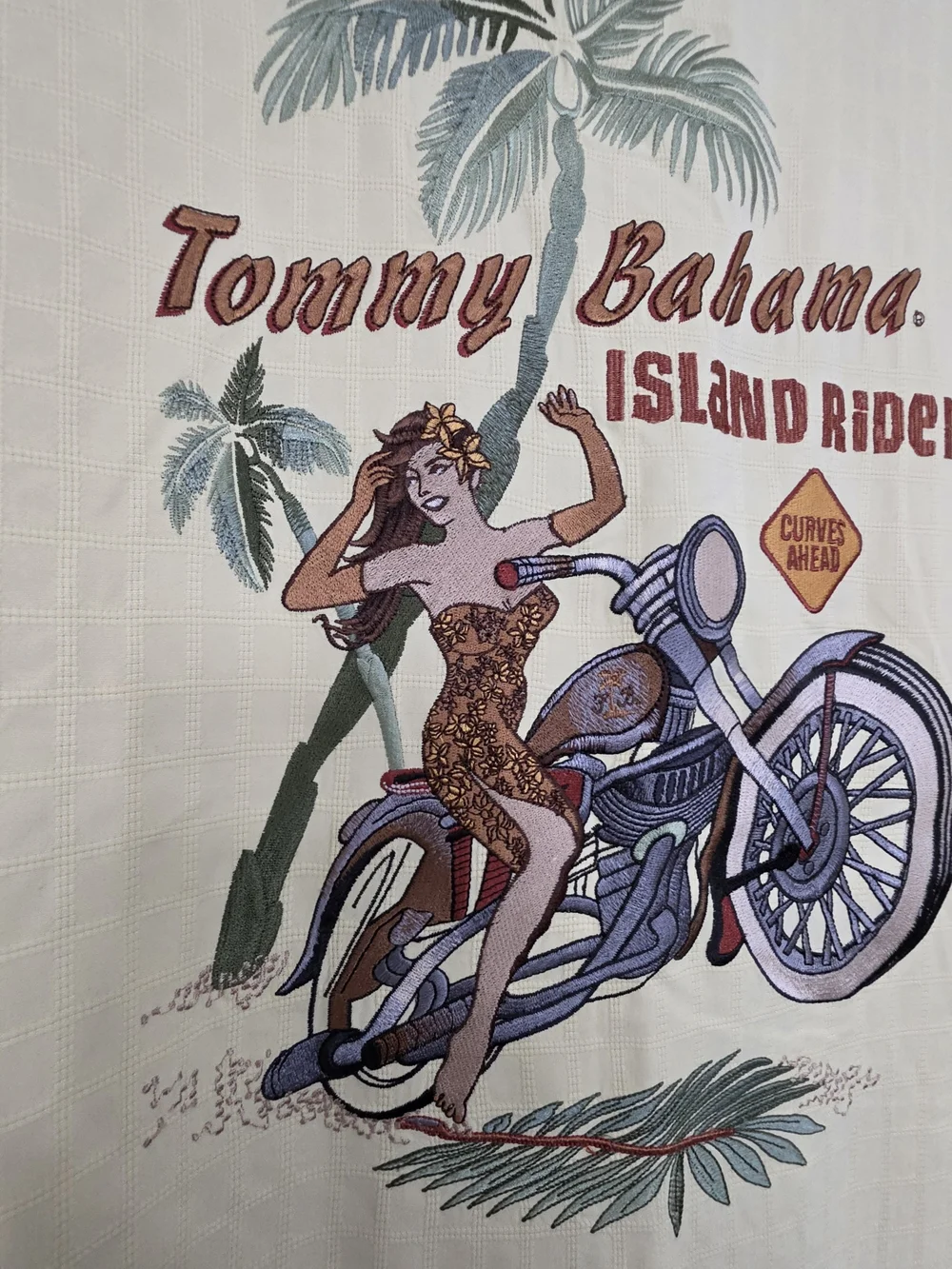 Tommy Bahama Hawaiian Shirt XL Yellow Island Rider Motorcycle Emboridered Stains